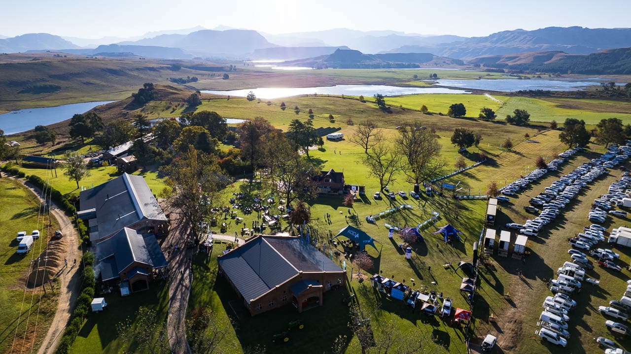 Aerial view of race village start and finish area