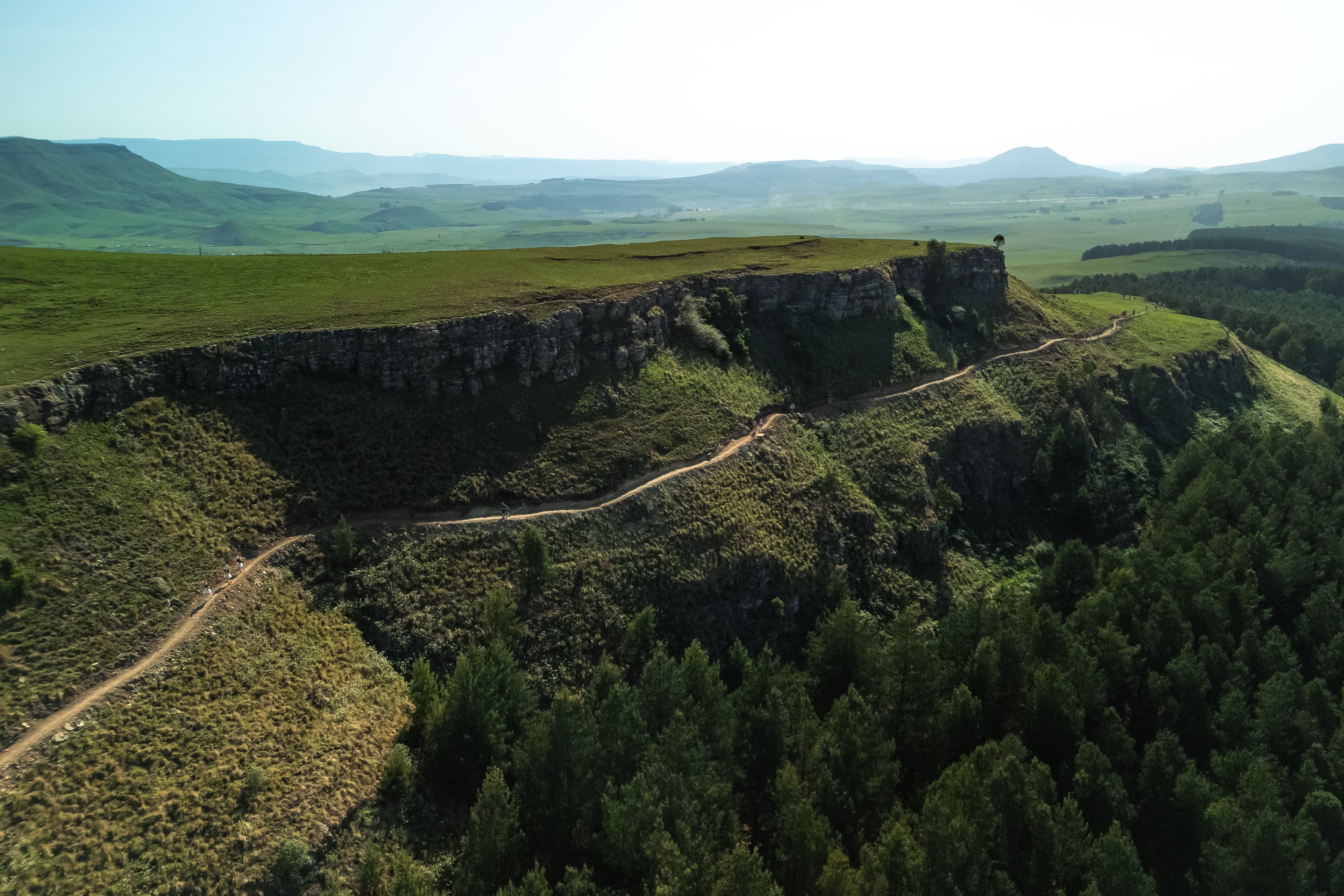 Aerial view of trail along Drakensberg cliff edge