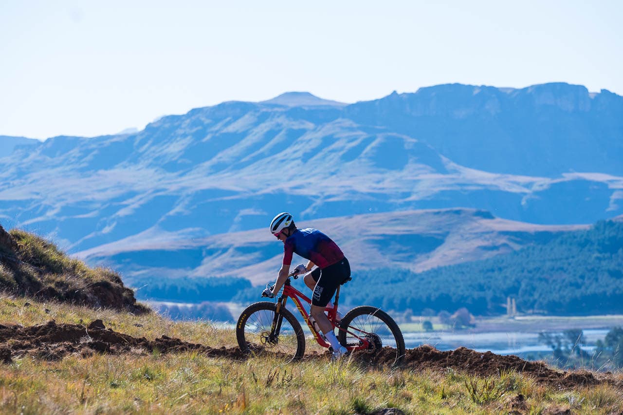 Solo rider on Drakensberg ridge